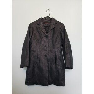 Phase Two Womens S Leather Coat Long Sleeve Button Front Black Genuine Leather